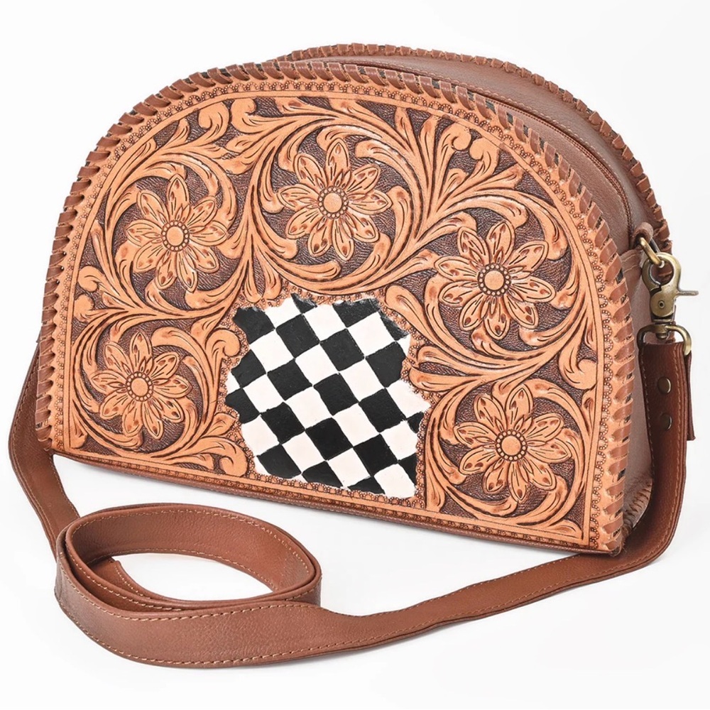 Western Bag Hand-Tooled Leather Bag Black and White Checkered Accent